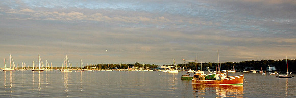 Lobster boats, harbor, sunset